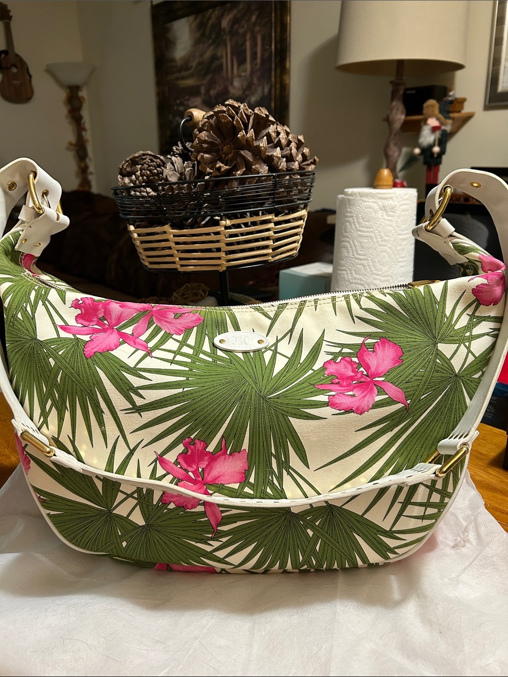 Celine White Shoulder Bag with Green Palm Print and Pink Florals